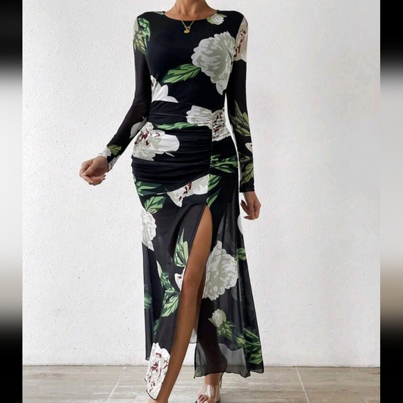 Floral Sheer Mesh Ruched High Slit Long Sleeve Dress Black - Picture 5 of 6